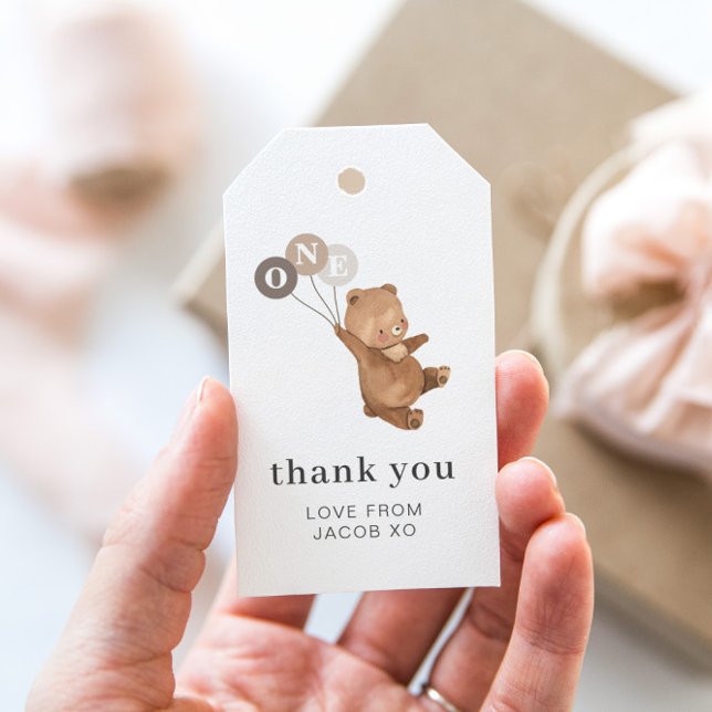 Etiqueta Para Presente Teddy Bear 3 Balões Castanhos - Obrigado (Zazzle Teddy Bear 3 Brown Balloons - 1st BIrthday Gift Tag)