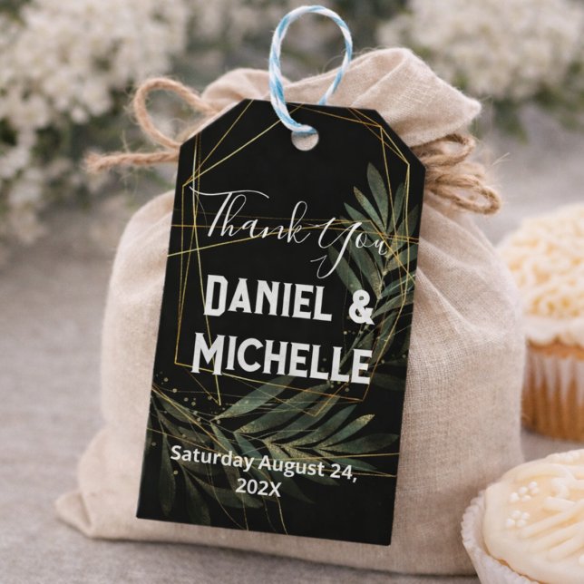 Etiqueta Para Presente Tema Botânico do Casamento Dourado Preto Arrancado (Criador carregado)