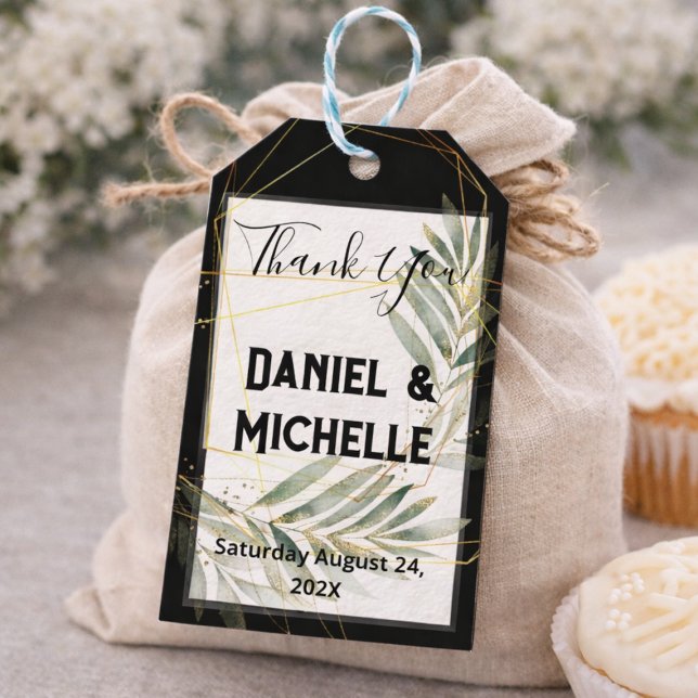 Etiqueta Para Presente Tema Botânico do Casamento Dourado Preto Arrancado (Criador carregado)