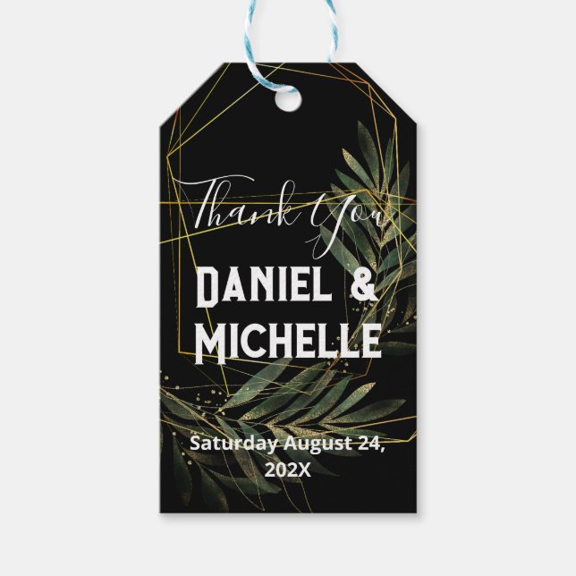 Etiqueta Para Presente Tema Botânico do Casamento Dourado Preto Arrancado (Frente)