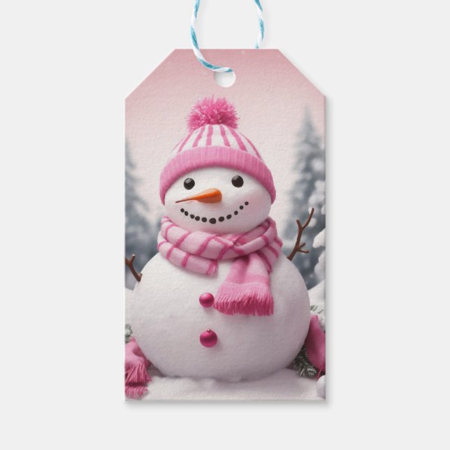 Etiqueta Para Presente Tema Rosa Personalizado Snowman de Natal (Frente)