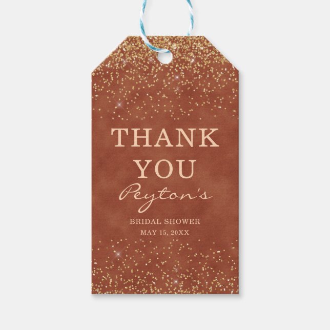 Etiqueta Para Presente Terracotta Dourada Glitter Chá de panela Obrigado (Frente)