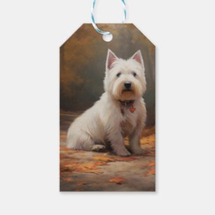 Etiqueta Para Presente Terrier Branco do West Highland entre Folhas de Ou