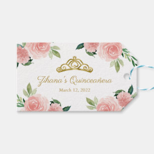 Etiqueta Para Presente Tiara Dourada de Quinze Anos com Floral Rosa Bege