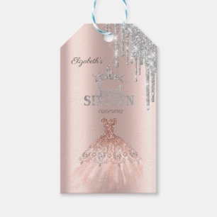 Etiqueta Para Presente Tiaras de Glitter Drips, Vestido Rose Gold Sweet 1