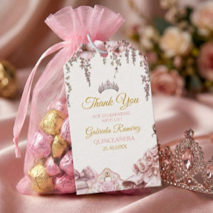 Etiqueta Para Presente Tiaro Floral Dourado e Rosa Bege Quinceañera