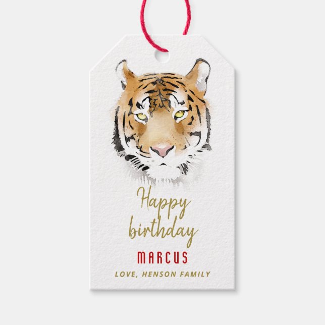 Etiqueta Para Presente Tigre Cabeça de Água Desenho Feliz Aniversário (Frente)