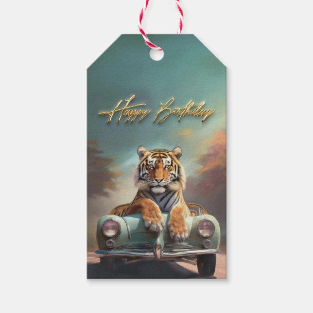 Etiqueta Para Presente Tigre sentado num carro desportivo Parabéns (Frente)