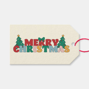 Etiqueta Para Presente Tipografia de Natal Feliz Árvore de Pinheiros Deco