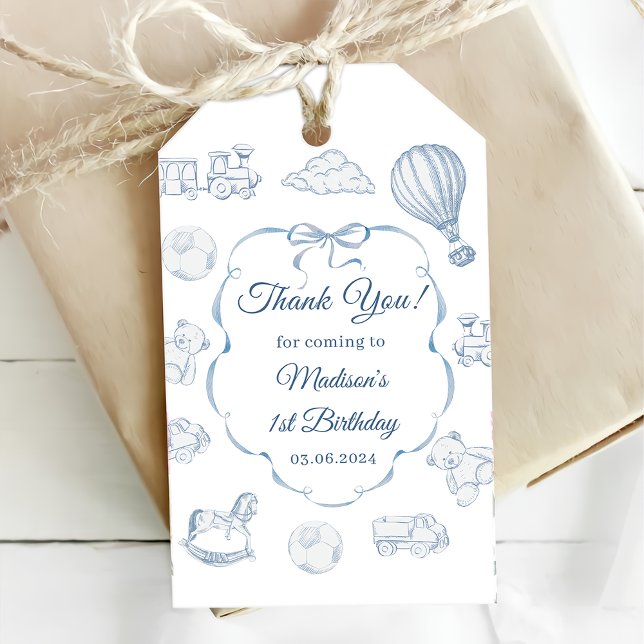 Etiqueta Para Presente Toile De Jouy Blue Bow Birthday Party  (Criador carregado)
