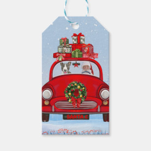 Etiqueta Para Presente Touro Terrier Cão No Carro Com Papai Noel