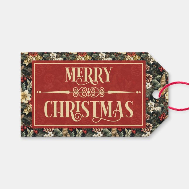 Etiqueta Para Presente Traditional Christmas Pine Floral Holiday  (Frente (horizontal))