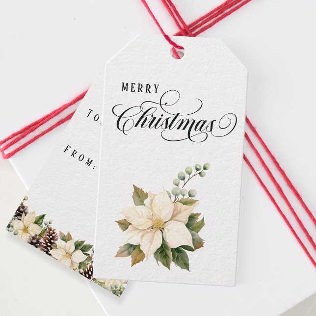 Etiqueta Para Presente Traditional Christmas White Poinsettia Doublesided (Traditional Christmas White Poinsettia Doublesided Gift Tags - front/back)