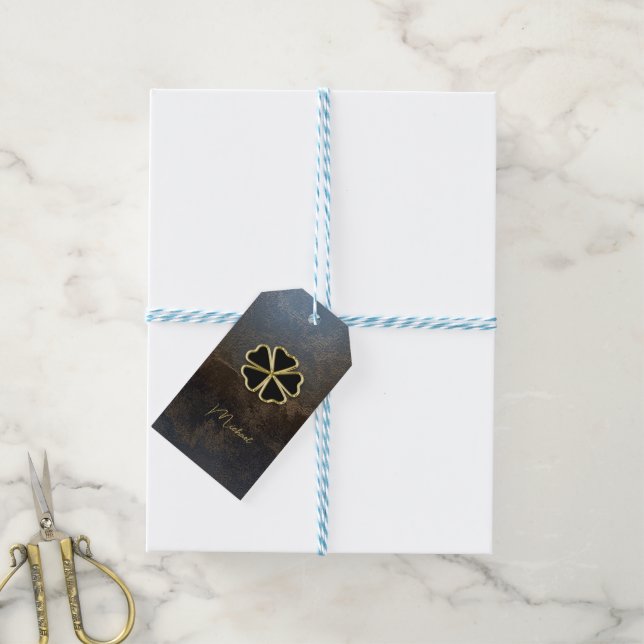 Etiqueta Para Presente Trevo de Ouro Elegante, Visual de Couro (Com cordão)