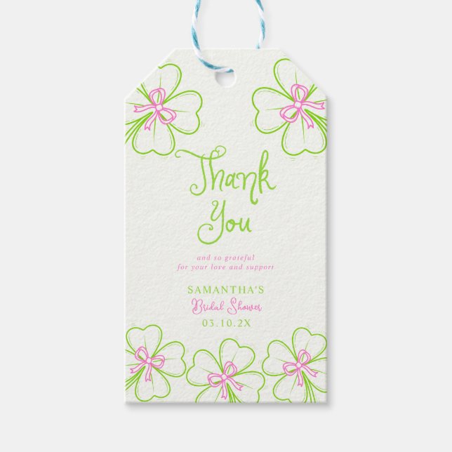 Etiqueta Para Presente Trevo Rosa Verde  Chuveiro de Noiva Obrigado (Frente)