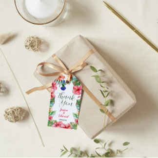 Etiqueta Para Presente Tropical Floral Hibiscus Watercolor Obrigado