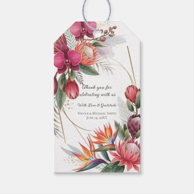 Etiqueta Para Presente Tropical Floral Paradise Botanical Gold Wedding  (Frente)