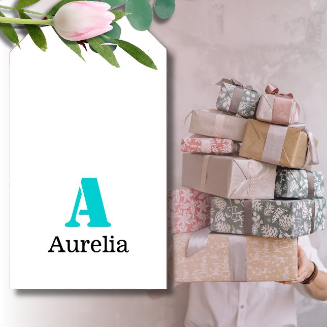 Etiqueta Para Presente Turquesa Elegante Inicial Nome Preto | Moderno  (Criador carregado)