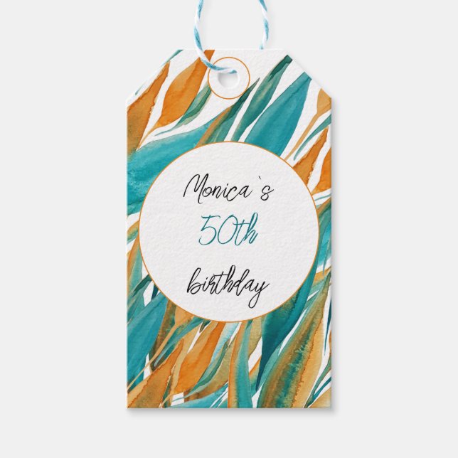 Etiqueta Para Presente Turquesa Laranja Linda Aquarela Personalizada (Frente)