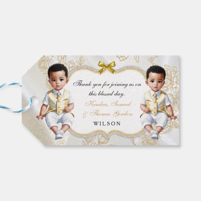 Etiqueta Para Presente Twin Baby Boys Comunhão Baptism Dourado Branco (Verso Horizontal)