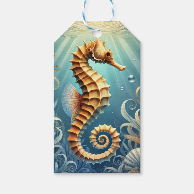 Etiqueta Para Presente Um elegante cavalo marinho nadando debaixo d'água (Frente)