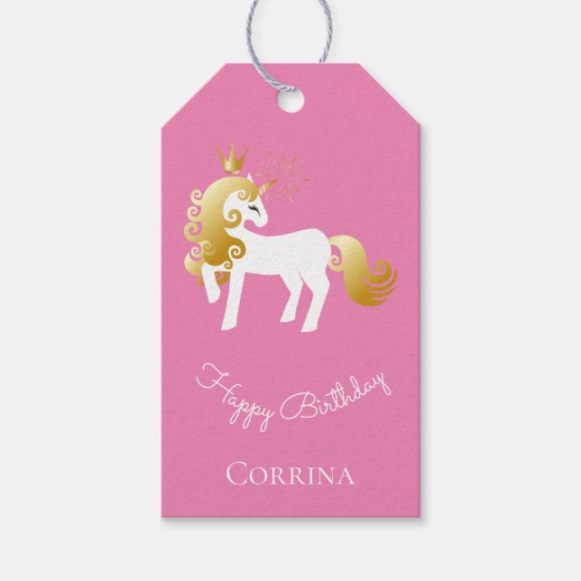 Etiqueta Para Presente Unicórnio Branco Dourado rosa (Frente)