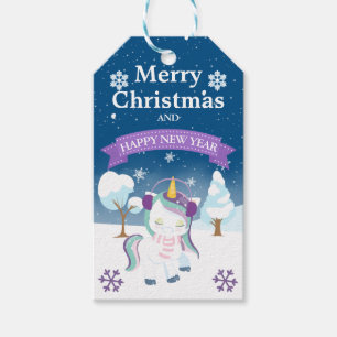 Etiqueta Para Presente Unicórnio de Natal Azul e Roxo Festivo