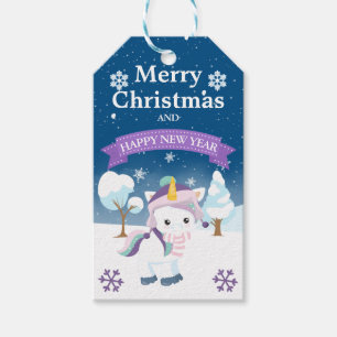 Etiqueta Para Presente Unicórnio de Natal Azul e Roxo Festivo