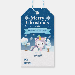Etiqueta Para Presente Unicórnio de Natal Azul Roxo & Branco Festivo
