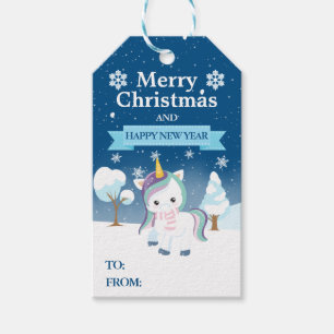 Etiqueta Para Presente Unicórnio de Natal Azul Roxo & Branco Festivo