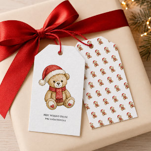 Etiqueta Para Presente Ursinho de pelúcia vermelho aquarela de Natal fofo