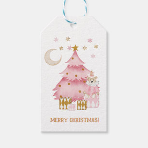 Etiqueta Para Presente Urso de algodão doce de inverno, cor-de-rosa