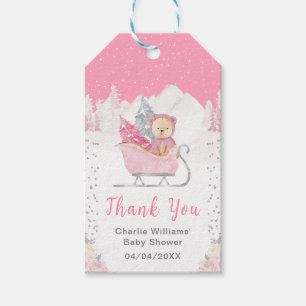 Etiqueta Para Presente Urso de Inverno Rosa Trenó Baby Shower Obrigado