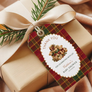 Etiqueta Para Presente Urso de Natal Xadrez Tartã Vermelho Obrigado