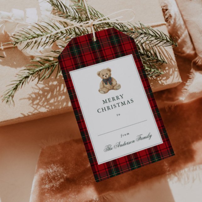 Etiqueta Para Presente Urso de Natal Xadrez Vermelho (Criador carregado)