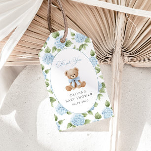 Etiqueta Para Presente Urso de Pelúcia, Laço Azul, Flores Azuis, Chá de B