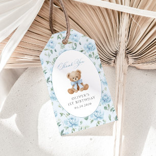 Etiqueta Para Presente Urso de Pelúcia, Laço Azul, Flores Azuis, Primeiro