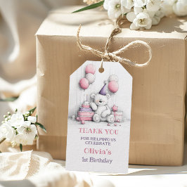 Etiqueta Para Presente Urso de Pelúcia Rosa Fofo Obrigado pelo 1º Anivers