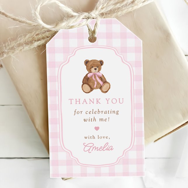 Etiqueta Para Presente Urso de pelúcia xadrez rosa aniversário de um ano (Criador carregado)
