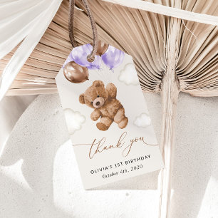 Etiqueta Para Presente Urso de Teddy, Balões Roxos, Primeiro Aniversário