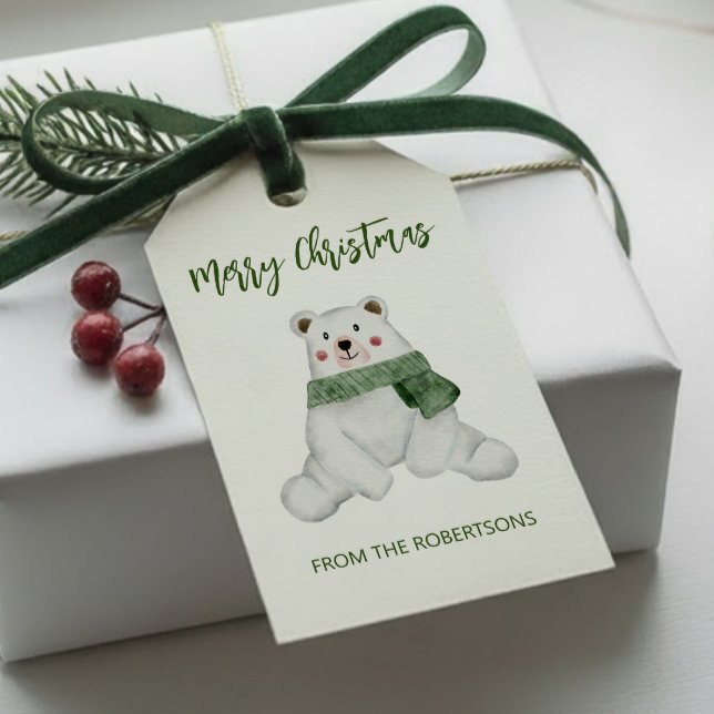 Etiqueta Para Presente Urso Polar Bonito Vestindo Natal Verde (Criador carregado)