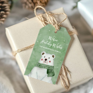 Etiqueta Para Presente Urso Polar Vestindo Cachecol Verde Desejos Quentes