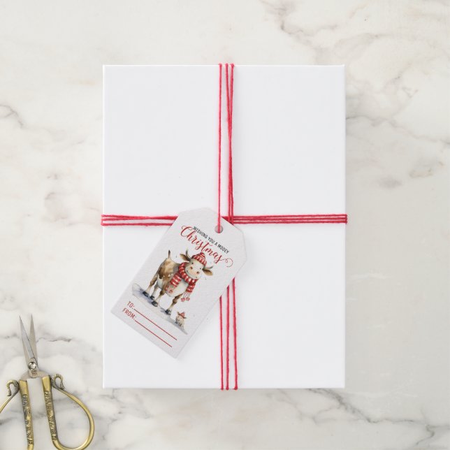 Etiqueta Para Presente Vaca de Natal com Trocadilho  (Com cordão)