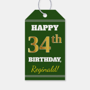 Etiqueta Para Presente Verde, Faux Dourado 34º aniversário + Nome Perso