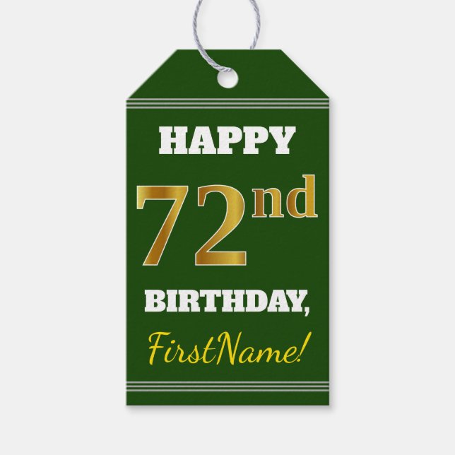 Etiqueta Para Presente Verde, Faux Dourado 72º Aniversário + Nome Persona (Frente)