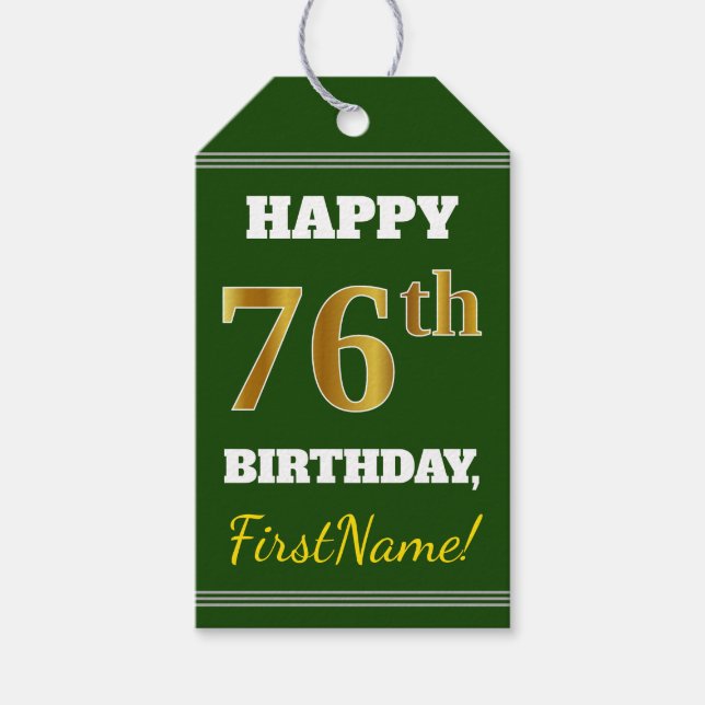 Etiqueta Para Presente Verde, Faux Dourado 76º aniversário + Nome Persona (Frente)