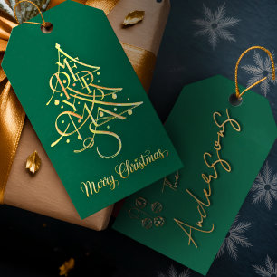 Etiqueta Para Presente Verde Moderno e Minimalista e Dourado Natal