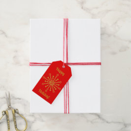 Etiqueta Para Presente Vermelho e Dourado Starburst do Médio Atômico Retr
