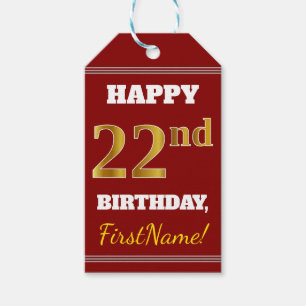 Etiqueta Para Presente Vermelho, Faux Dourado 22º Aniversário + Nome Pe