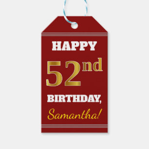 Etiqueta Para Presente Vermelho, Faux Dourado 52º Aniversário + Nome Pe